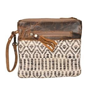 MYRA BAG $49 Woven Wristlet Clutch Boho Aztec Pattern Distressed Leather 9 X 8.5